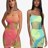 Fashion Sexy Tie Dye Hollow Out Mesh Summer Casual Short Sexy Bodycon Sleeveless Dress With Underwear