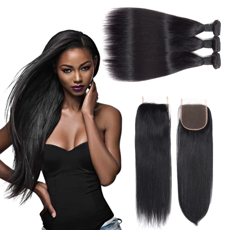 

Brazilian virgin human hair weave unprocessed 4x4 lace closure with 3 bundles straight natural color unprocessed remy hair