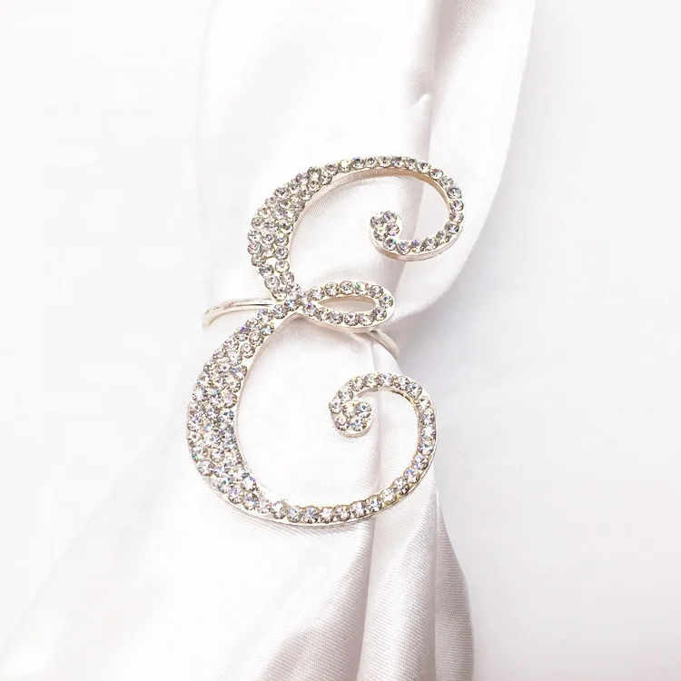 

Silver Initial Letter Rhinestone Capital Wedding Table Napkin Rings, Clear crystal