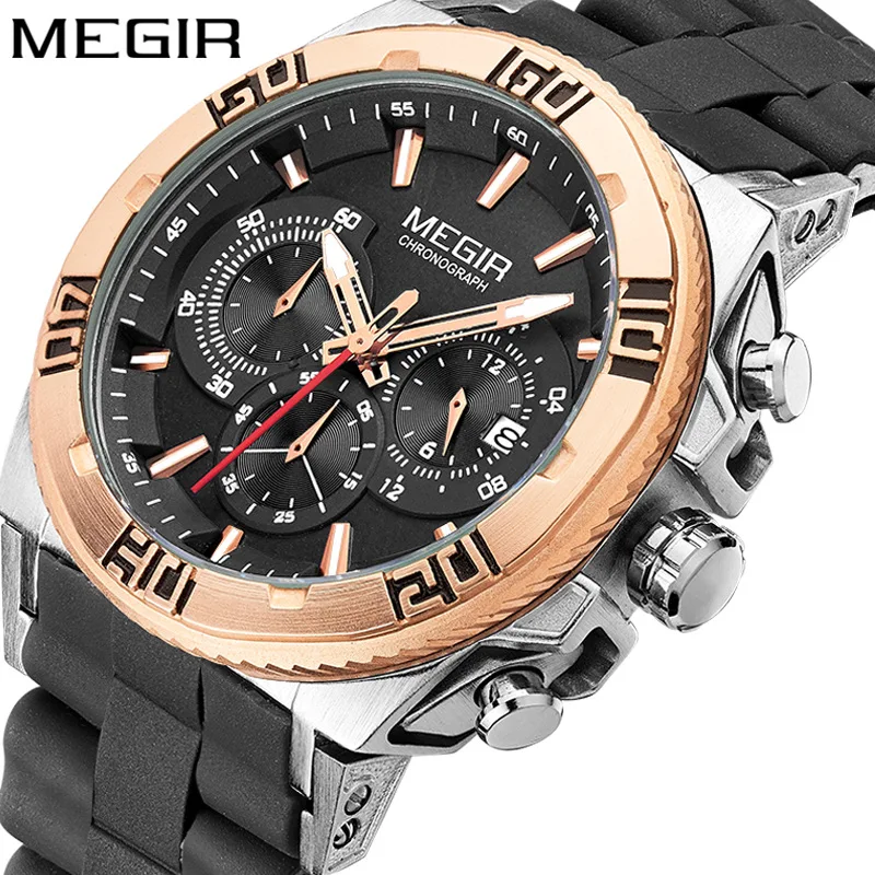 

MEGIR 3009 men's watch Top Luxury brands chronograph sport watches fashion luminous running man quartz wristwatch, Any color available
