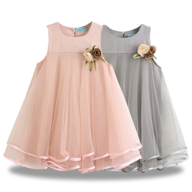 

100-140cm Baby Girl Dress Princess Sleeveless Appliques Floral Design for Girls Clothes Casual Party Dresses Gray Pink 3-7Years