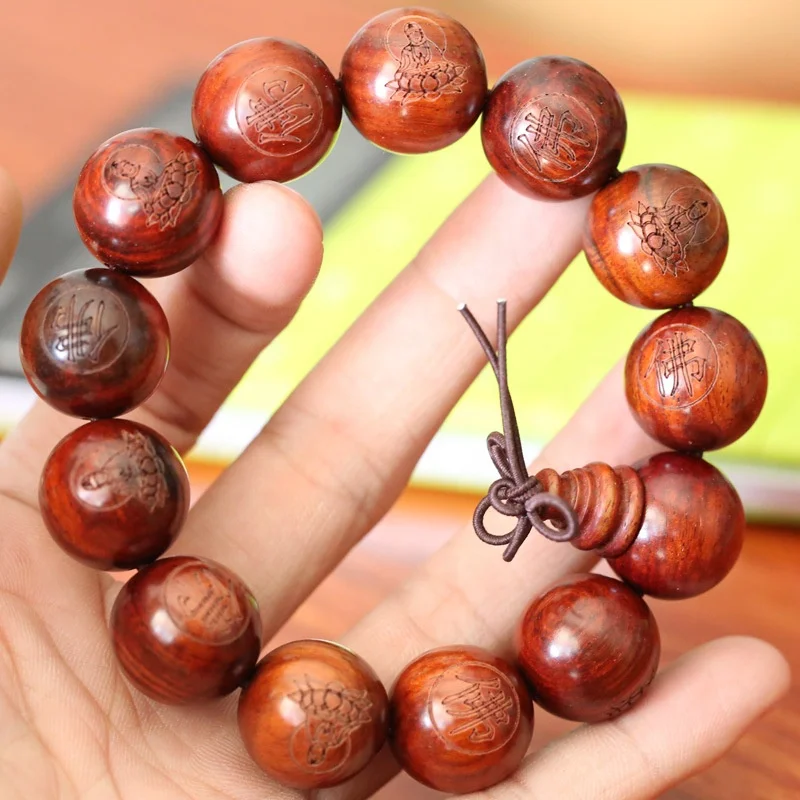 

J1434 15mm Vintage Wooden Carving buddha Round Rosewood Mala Bracelet Men