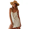 Women's casual summer deep v neck spaghetti strap button down loose linen mini dresses