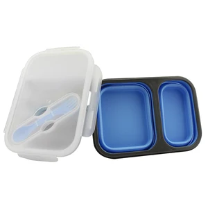 Image of 2 Compartment Leak Proof Collapsible Lunch Box of Silicone Cutlery