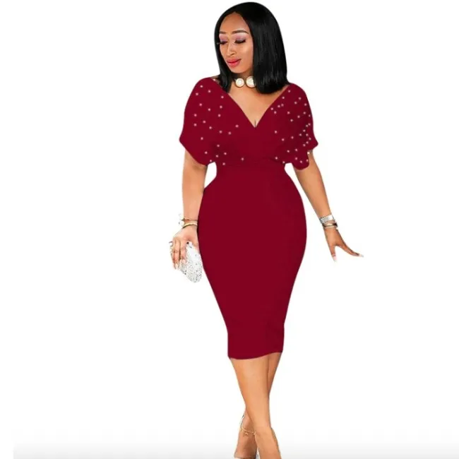 

Latest Women Elegant Deep V-Neck Cloak Short Sleeve Back Zipper Solid Color Bubble Beads Pearl Plus Size Dress A457