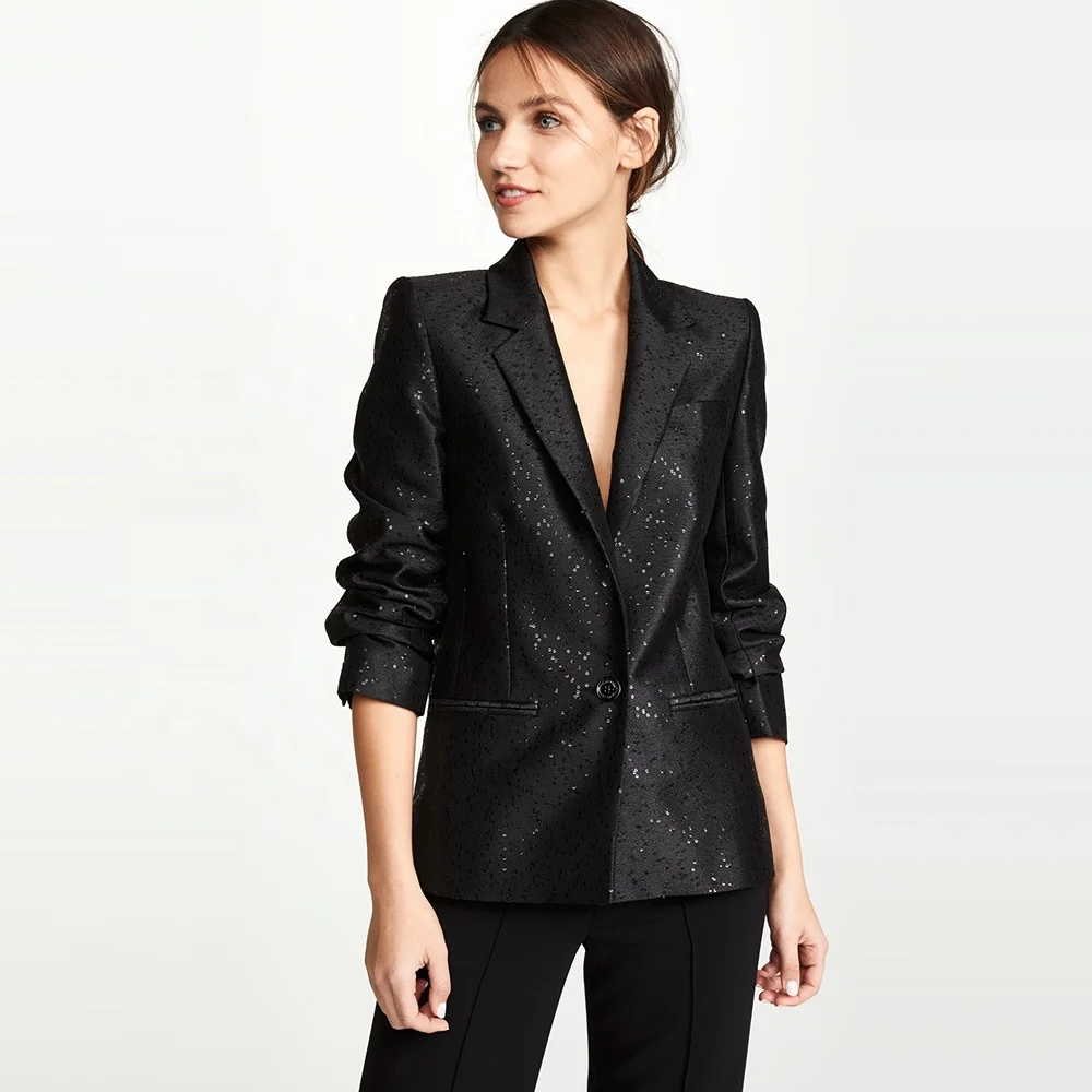 Customized logo fashion latest fashion black shinny sequin business suits women formal blazer jacket