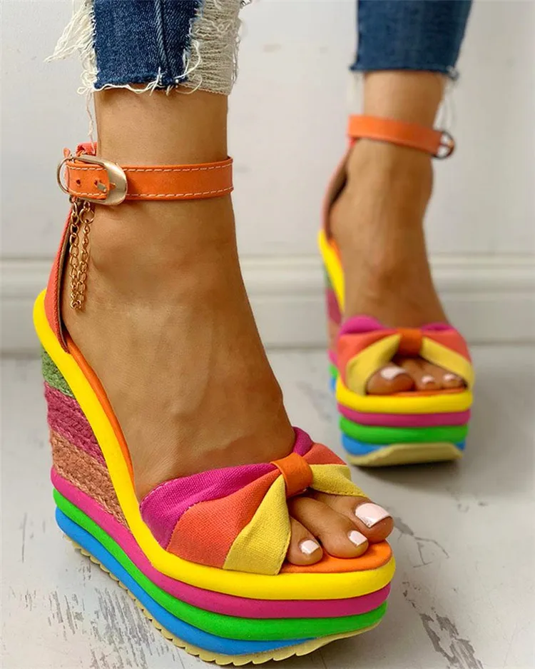 

LFZ-148 New Style Roman Rainbow Colorful Straw Wedge Fish Mouth Heel Sandals
