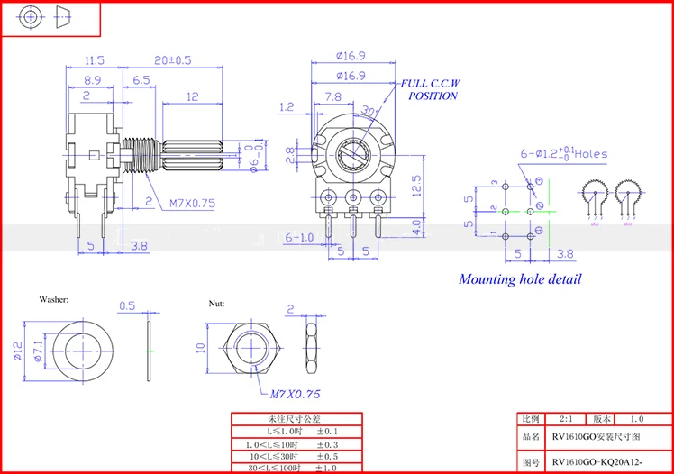Wh148 A10k A20k A50k 6 Pins Dual Units 16mm Potentiometers Buy 6 Pins
