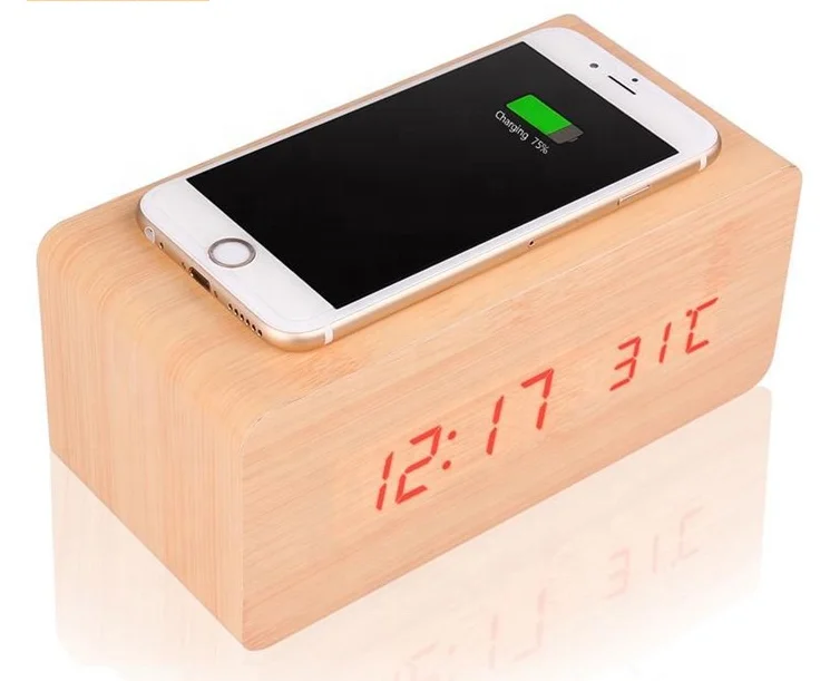 

Mobile phone wireless charging wooden alarm clock with temperature display