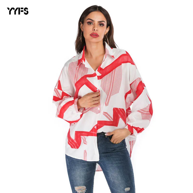 2019 autumn turn-down collar long sleeve geometric print plus size shirt for women
