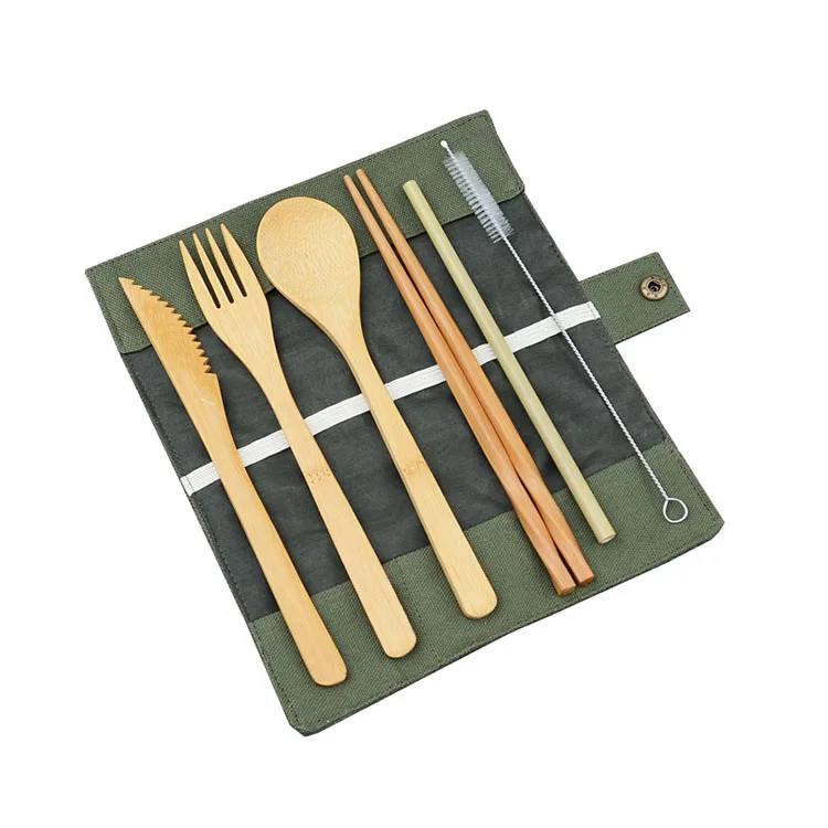 

Amazon Top Seller 2018 Reusable Food Grade Degradable Bamboo Straws Small Brush Wooden Knife Fork Spoon Chopsticks 7 Piece Set, Green/ white/ light yellow