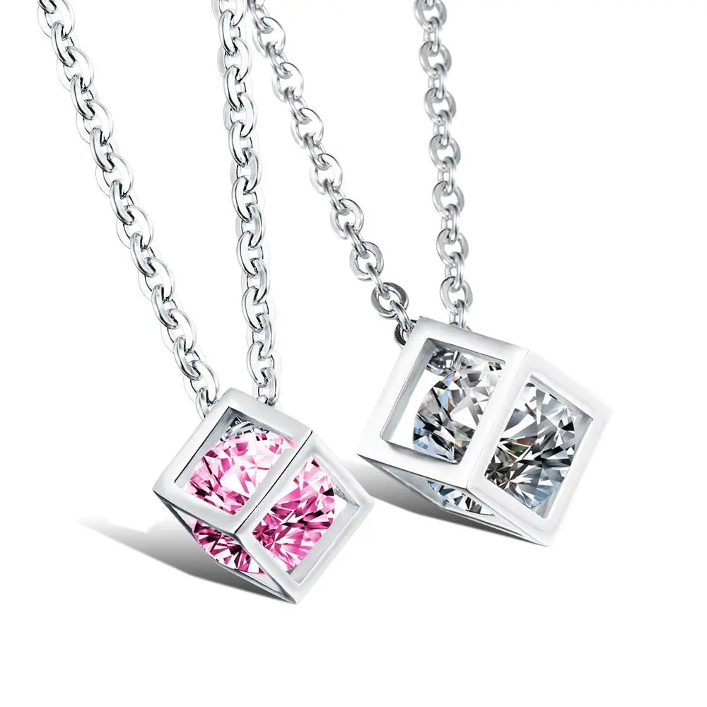 

Lovers' White/Pink Cubic Zirconia Pendant Necklaces Classical Stainless Steel Link Chain Women Men Jewelry GX950