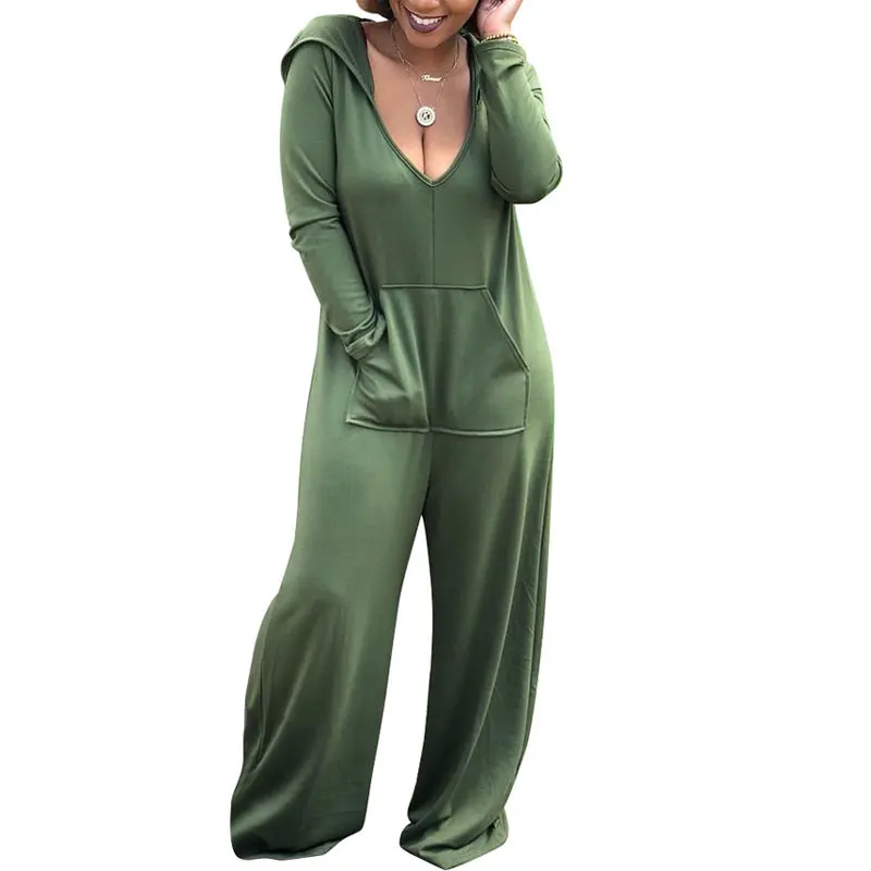 

81020-MX103 loose women hooded v-neck jumpsuit casual