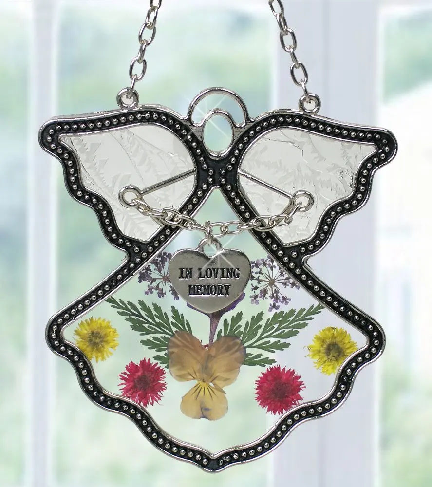 BANBERRY DESIGNS Angel Suncatcher - in Loving Memory Angel - Pressed Flowers Stained Glass Angel with Memorial Heart Charm - in Memory of Loved Ones - Memorial Keepsake