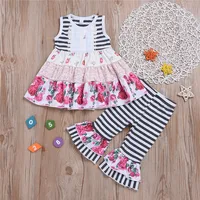 

Kid Clothing Girl Floral Tank Top and Ruffle Stripes Flared Pants 2 Pcs Summer Outfit for Girl Kid Boutique Clothing Set