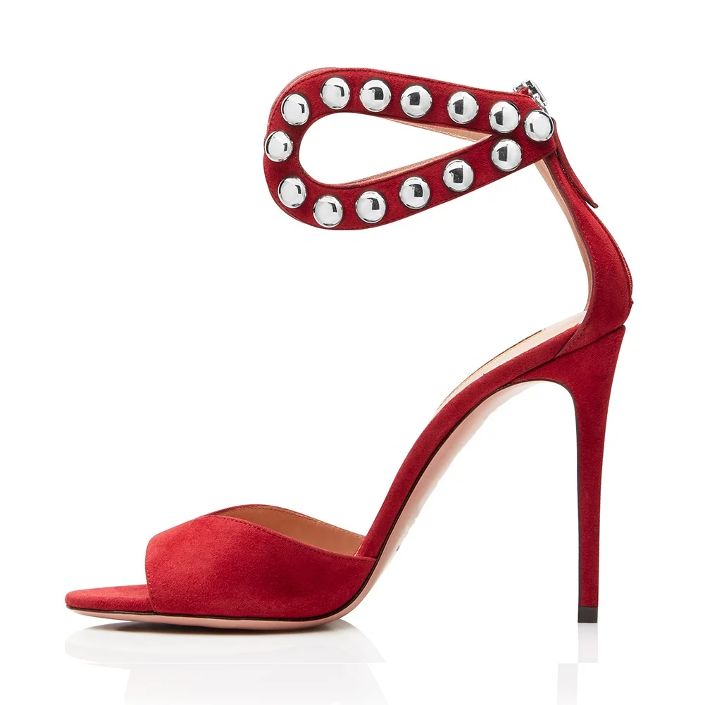 

Sexy Metal Studs Red High Heels Sandals Women Peep Toe Evening Shoes Stiletto Heels Ladies Summer Studded Shoes Large Size 2018, Red, black