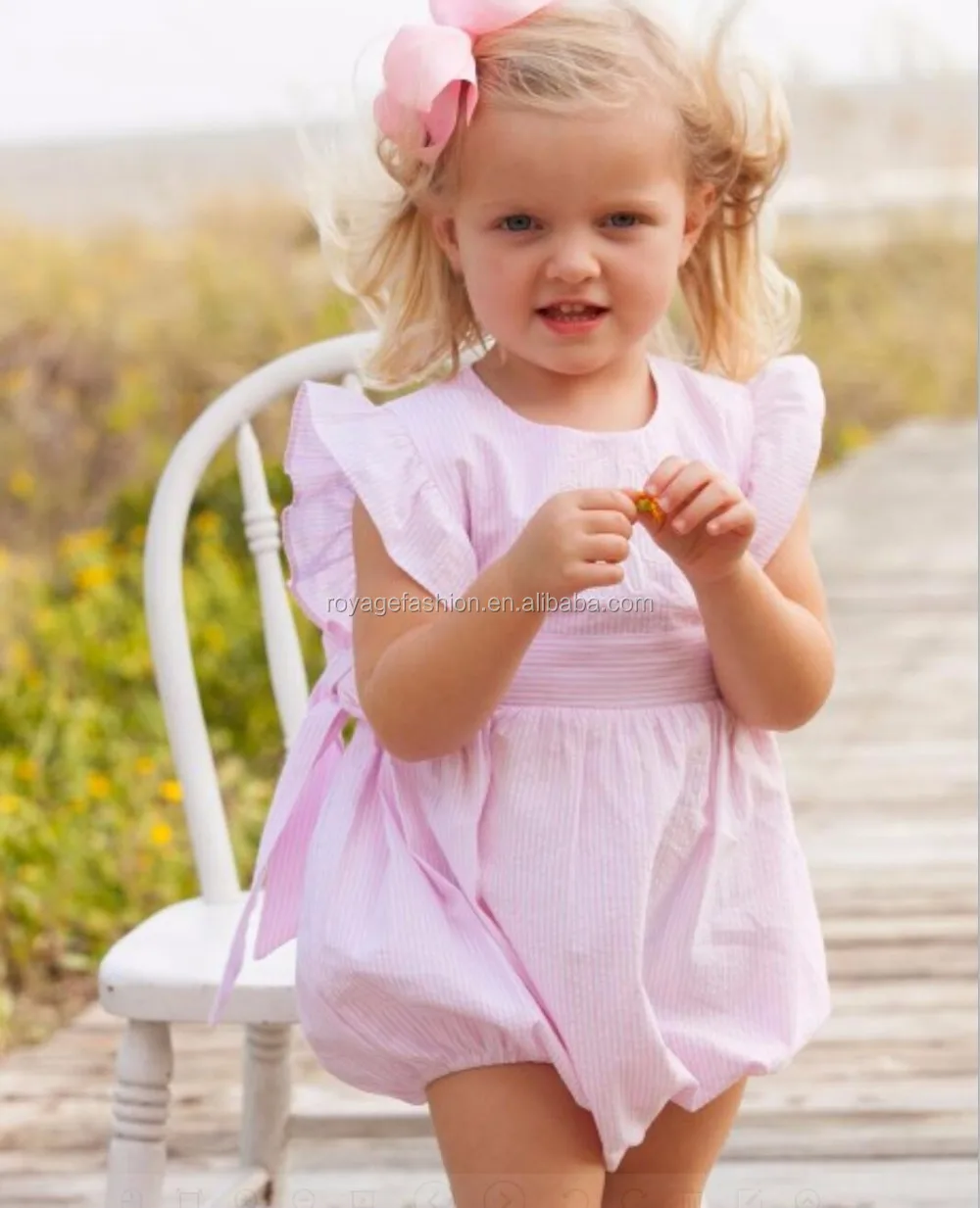 
baby girls pink seersucker Striped Smocked Ruffle Bubble romper swimwear 