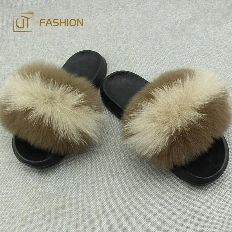 

Nice price jtfur women EVA sole real raccoon fur slippers summer beach flip flops fur sliders footwear