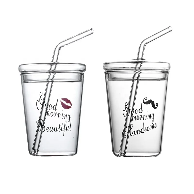 

Custom logo glass fashion straw cup with lid and straw, Transparent