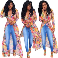 

2019 Summer Sexy Floral Print Long Sleeve V Neck Kimono Beach Long Dress Women Cloak Cape Maxi Dress