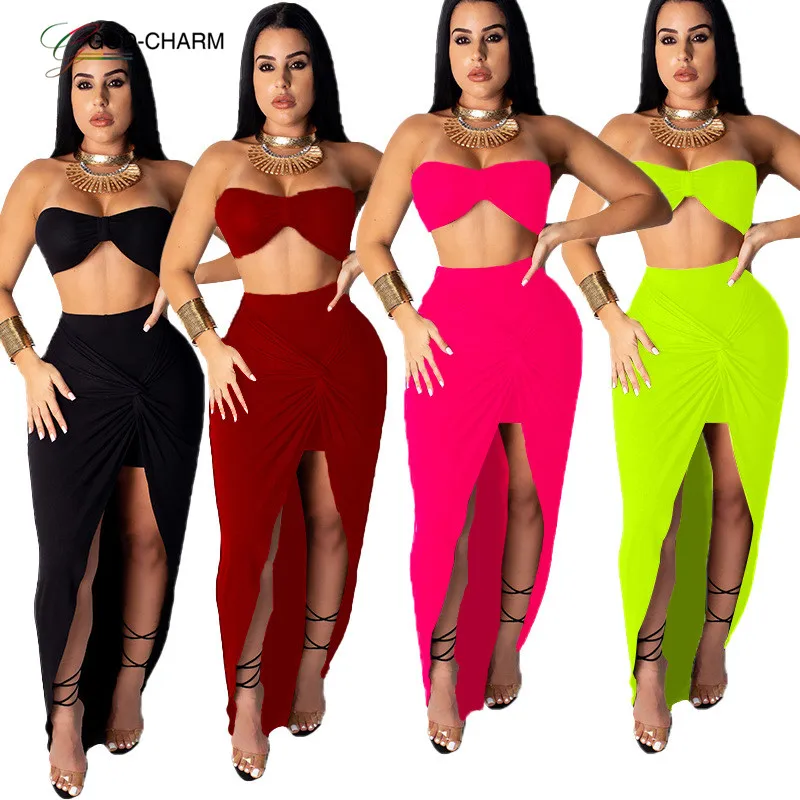 

GC-66862331 Wholesale Women Neon Skirt Set Tube Top Two Pieces Strapless Crop Top and Skirt Set Ruffled Split Two Piece, Neon green, black,pink,wine