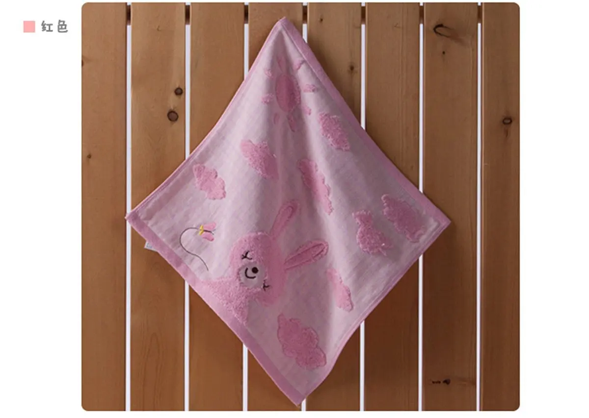 AnHua G1572 Lovely Cartoon Rabbit Animals Pattern Baby Kid Bathroom Hand Face Towels 35cm×35cm Square Cloth Blue/Yellow/Pink 100% Cotton Soft Touch First Class Product (Pink)