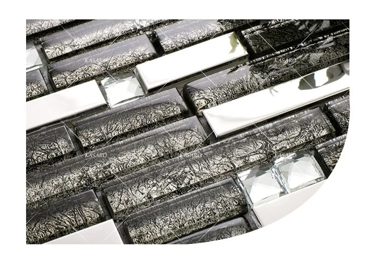 Stainless Steel Mix Glass Tile Mosaic, Strip Glass With Metal Mosaic Backsplash Decoration