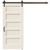 Exterior entry door handle set on rolling wood door curled