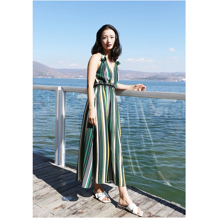 

2019 Holiday Play Suit Bohemian Backless V Neck Striped Braces Skirt Chiffon Maxi Dress