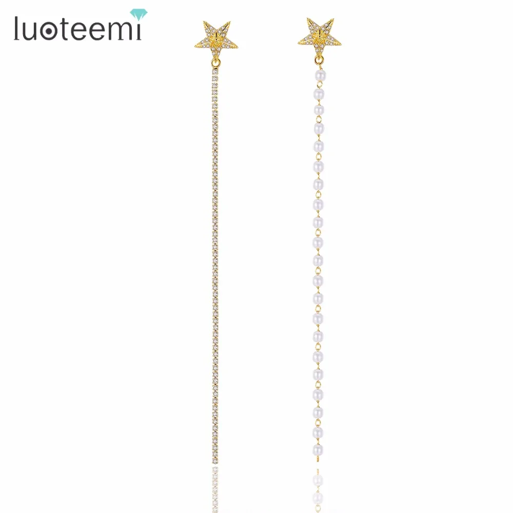 LUOTEEMI Romantic Small Star With Long Plastic Pearls Beaded and Crystal Chain Dangle Earrings For Women Girls Fashion Earrings