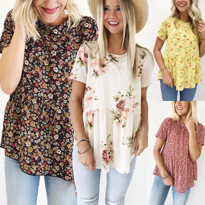 2019 Casual Womens tops and blouses Floral Printing Short Sleeve Round Neck Tunic Tops blouse women plus size