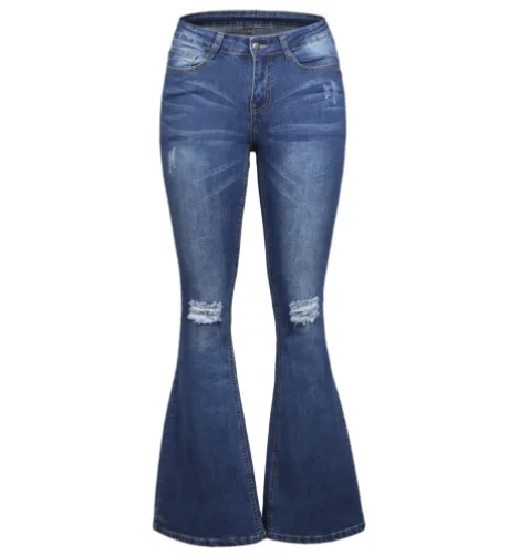 

2019 New Design Women Ripped Knee Detail Blue Flared Jeans, As shown