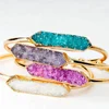 Boho Minimal Dainty Hammered Rectangle Shape Natural Snow Druzy Quart Stone Statement Gold-plated Cuff Bangle