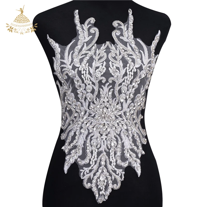 

Wholesale crystal beaded new design large appliques for clothes, Silver with white mesh