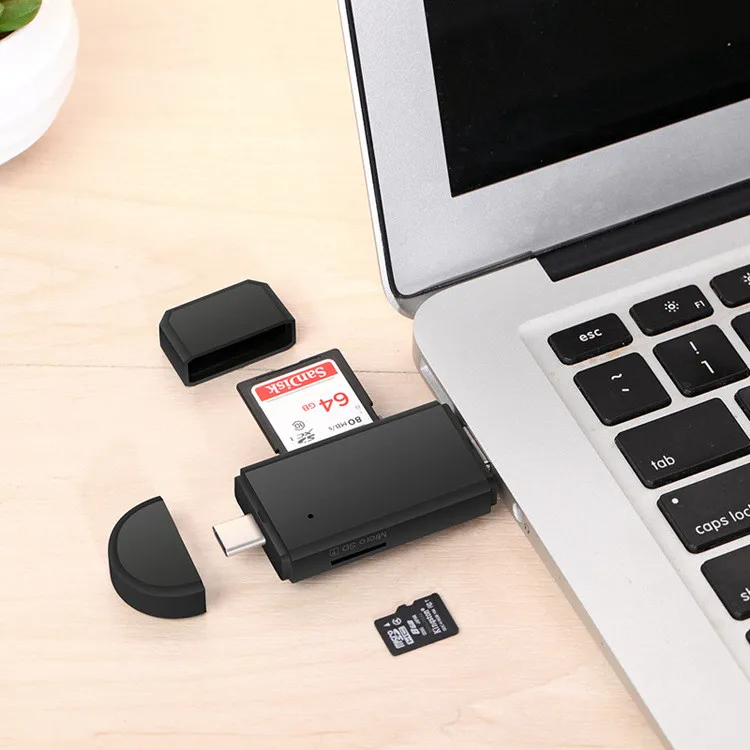 TF / SD card reader, 3 in 1 Tipe C / Mikro USB / USB 2.0 OTG Adapter vir PC, Laptop, tablette, selfone Swart