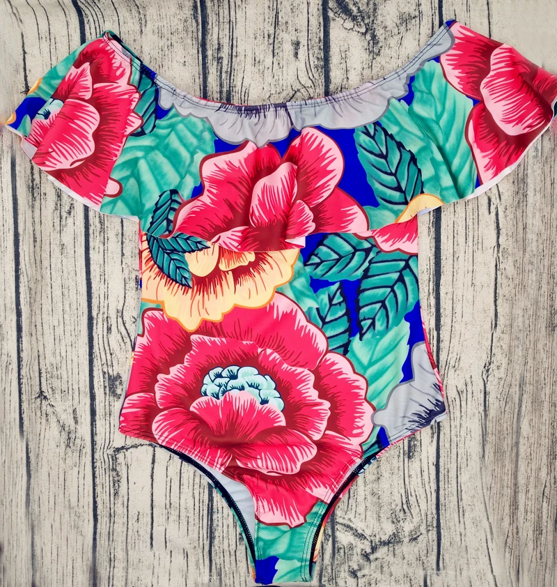 

Sexy Floral Off Shoulder Swim Wear Lady High Cut Bathing Suit Ruffle Plus Size Monokini Thong Swimwear Women One Piece Swimsuit, N/a
