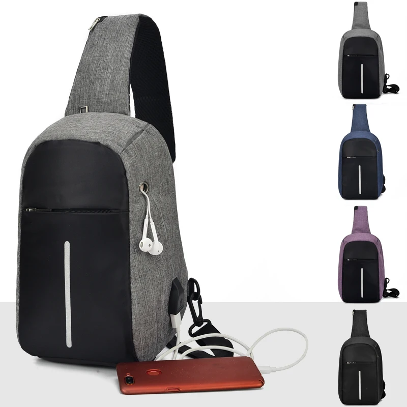 

waterproof anti thief unisex sport chest bag lightweight outdoor sling bag with USB charging, Black blue grey purple
