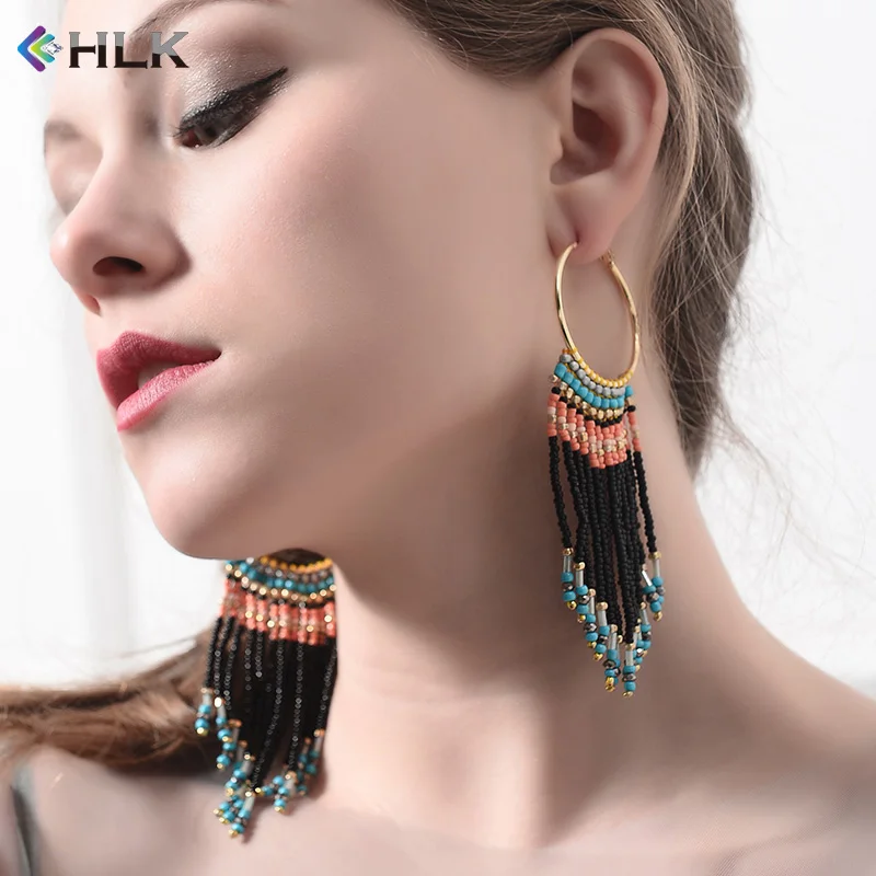

Boho Hoop Seed Beads Tassel Earrings