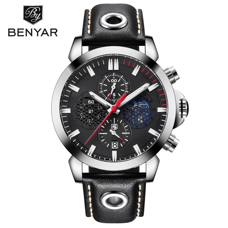 

BENYAR BY 5124 Simple Military Waterproof Quartz Watch Business Brand Moon Phase Display Calendar Leather Relogio Masculino