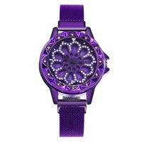 

WJ-8052 Purple Female Crystal Flower Relojes Gun Black Magnet Mesh Belt Watches Stock Yiwu High Quality Diamond Wristwatches