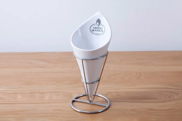 Ceramic Custom Buffet French Fries Cone Holder With Stainless Steel
