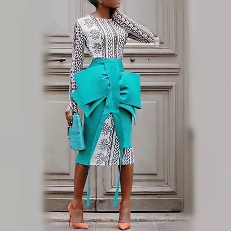 Spring Long Sleeve Geometric Print Chiffon Dress And Bow Skirt Fashion Woman 2 Pieces Sets