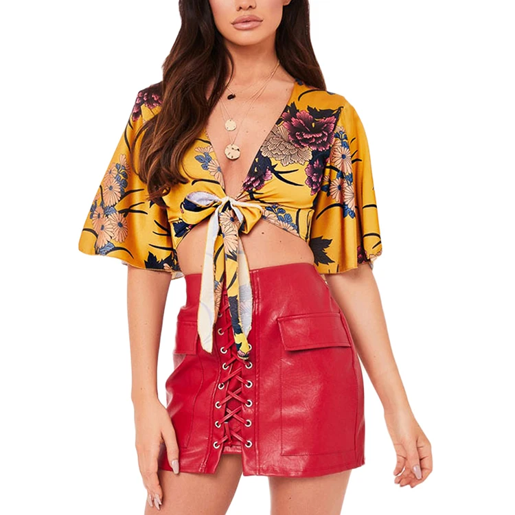 

Summer Sexy Fashion Yellow Printing Half Sleeve Bow Women Crop Top