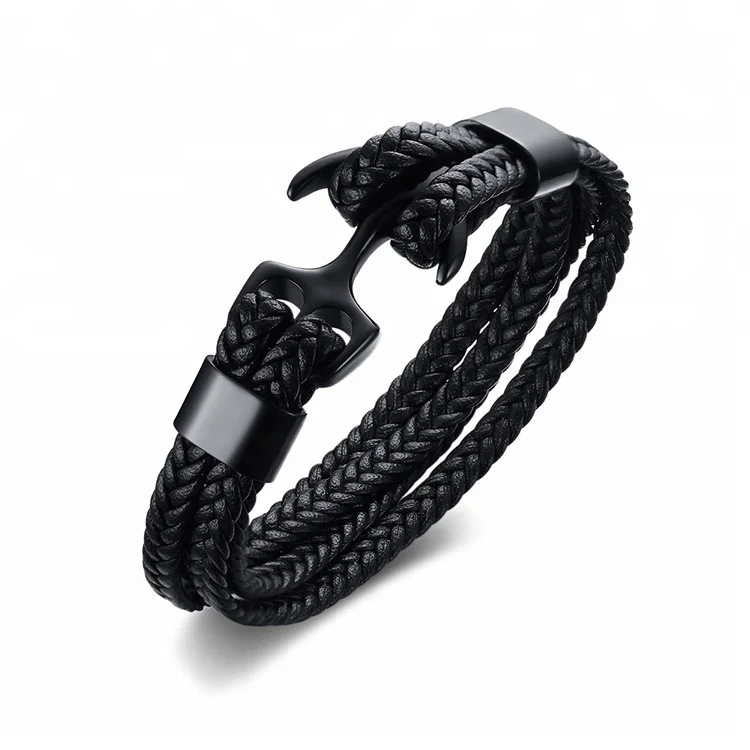 

New Arrival High Quality Trendy 316L Stainless Steel Anchor Genuine Leather Bracelets, Grey,black