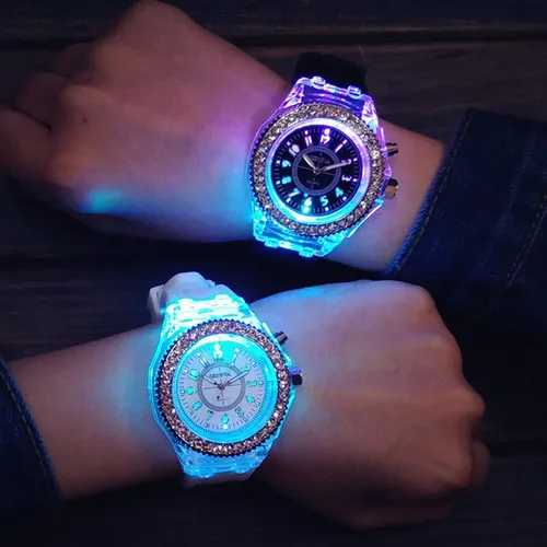 

4441 Dropshipping Luminous Watch women LED digital watch Couple Colorful glow with silicone strap flashing watch, 12 colors as the picture