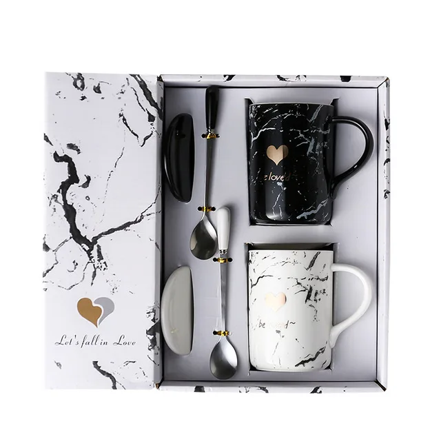 

Marble Design Coffee Mug Heart Shaped Couple Mug Set, White, black
