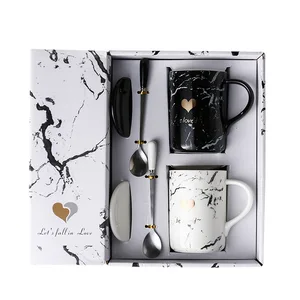 Image of Marble Design Coffee Mug Heart Shaped Couple Mug Set