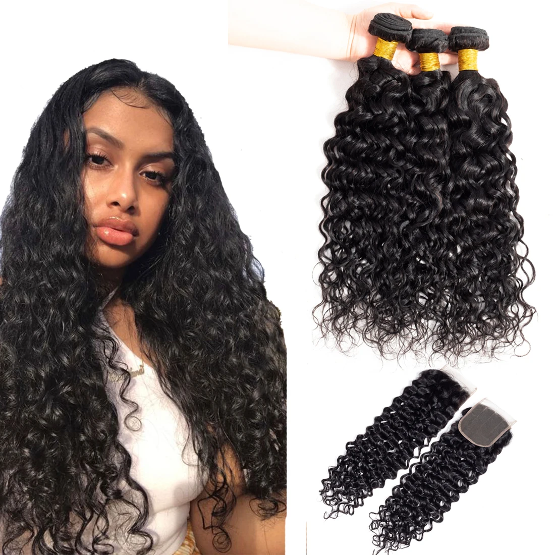 

Peruvian hair frontal closure Water Wave Peruvian Human Hair Bundles with 13x4 Free Part Lace Frontal Closure