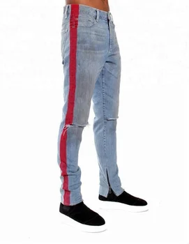 blue denim jeans with red stripe