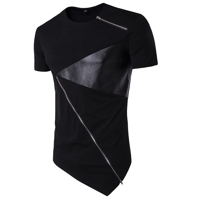 2019 wholesale summer men O neck fashion special hem patchwork PU hip top t shirt for men